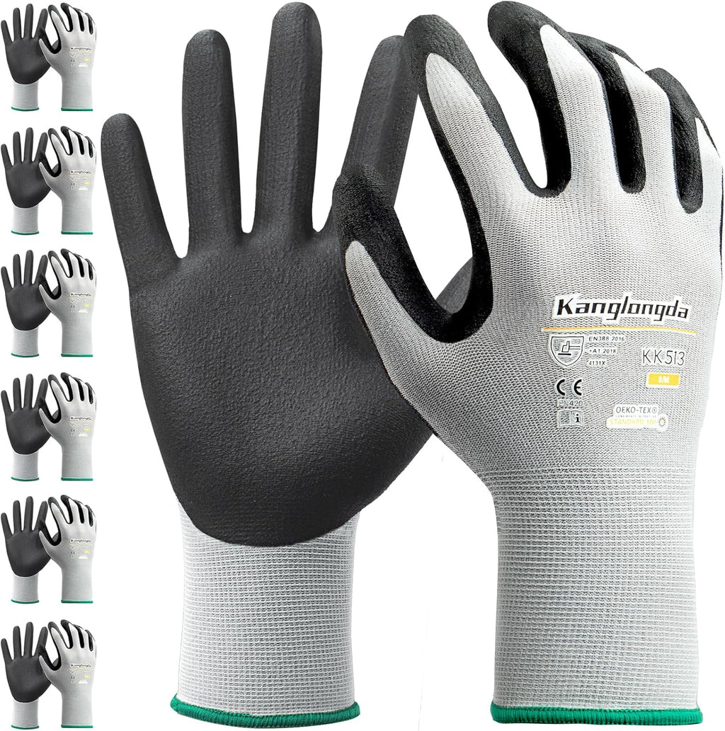 6-Paris Large Work Gloves for Men and Women, Nitrile Coated Safety Protective Gloves with Grip, Ideal for Gardening, Warehouse, Mechanic, Light Duty Construction Work