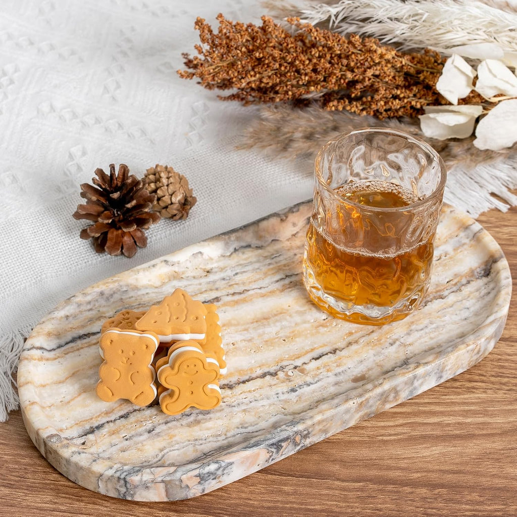 Koville Natural Marble Bathroom Tray for Decor Countertop, Marble Vanity Tray for Candles Perfume, Jewelry, Cosmetics, Stone Decorative Trays for Dresser Organizer(White Traonyx)