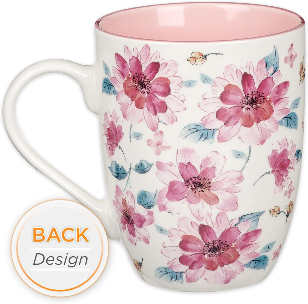 Christian Art Gifts Inspirational Ceramic Coffee & Tea Mug for Women: Strength & Dignity Encouraging Bible Verse Proverb, Microwave & Dishwasher Safe Drinkware, White, Pink & Fuchsia Floral, 12 oz.