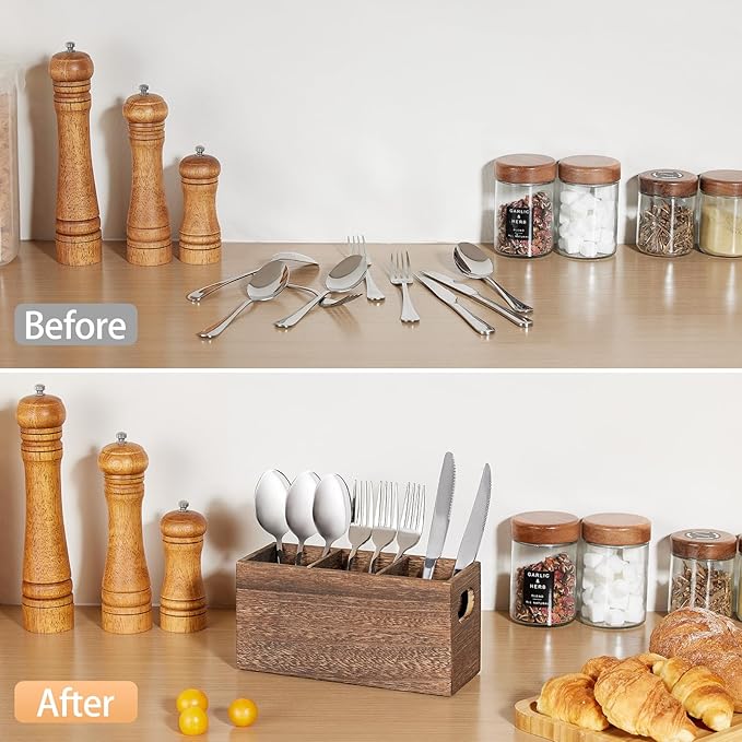 Wooden Silverware Holder,Kitchen Utensil Caddy with 3 Compartments,Cutlery Storage Organizer Countertop,Flatware Organizer for Party,Spoon, Fork Holder