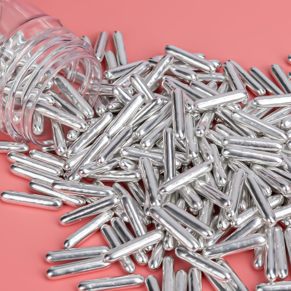 Twisweet Silver Rods Sprinkles, Edible Sugar Sprinkles for Cake Decorating, Candy Rods for Baking Cake Topper Ice Cream Cupcake Cookie Donut Decorations, Wedding Valentines Birthday Party Christmas Easter Supplies (130g/4.58oz)