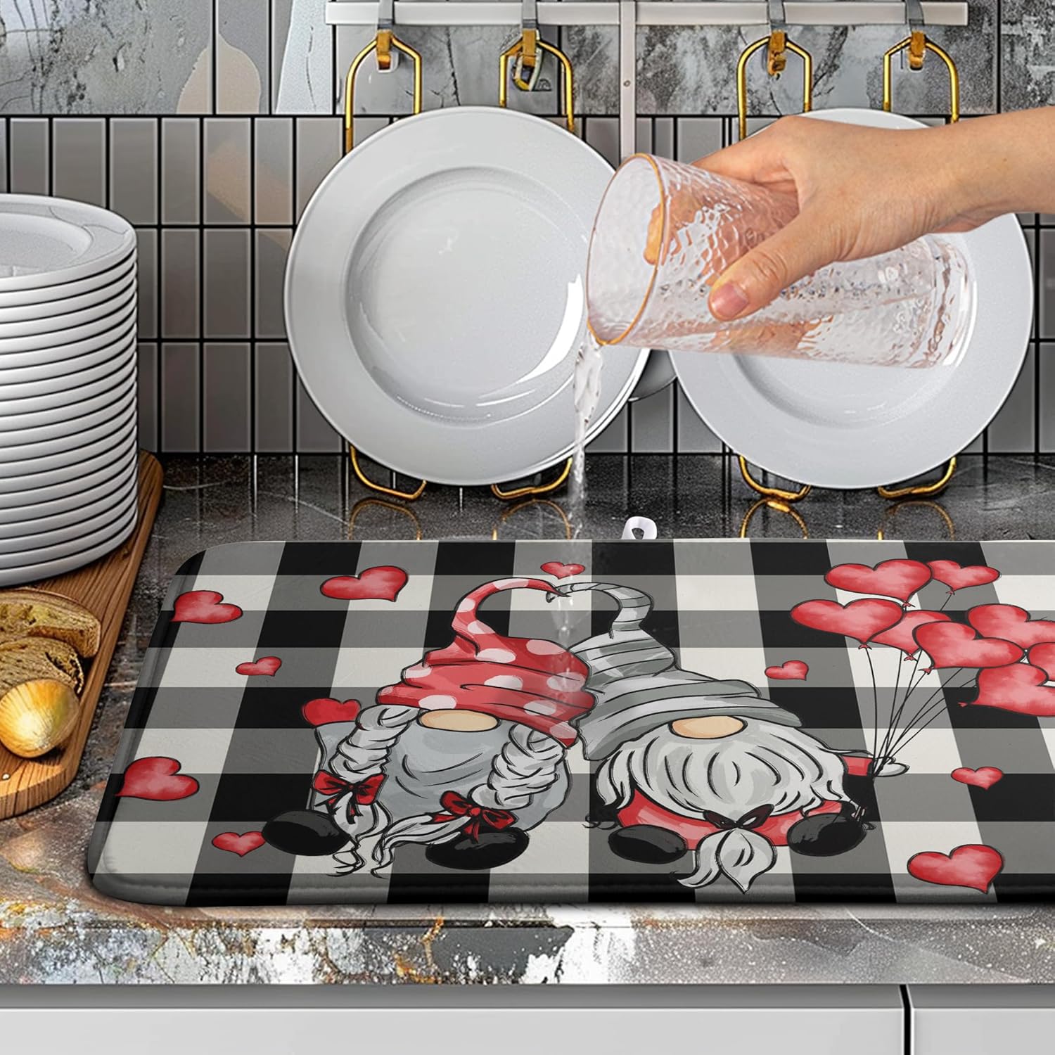 Valentine Gnome Hearts Dish Drying Mat Valentines Gnomes Dishes Dryer Mats for Kitchen Countertop 18x24 Inches Under Coffee Maker Drainer Matt Microfiber Large