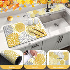 Findosom 2PCS 12" x 20" Fall Dish Drying Mat & 24" x 5.5" Sink Splash Guard, Super Absorbent & Cuttable Dish Mat Drying Kitchen Mat with Yellow Floral, Hide Stain Drying Mat for Kitchen Counter
