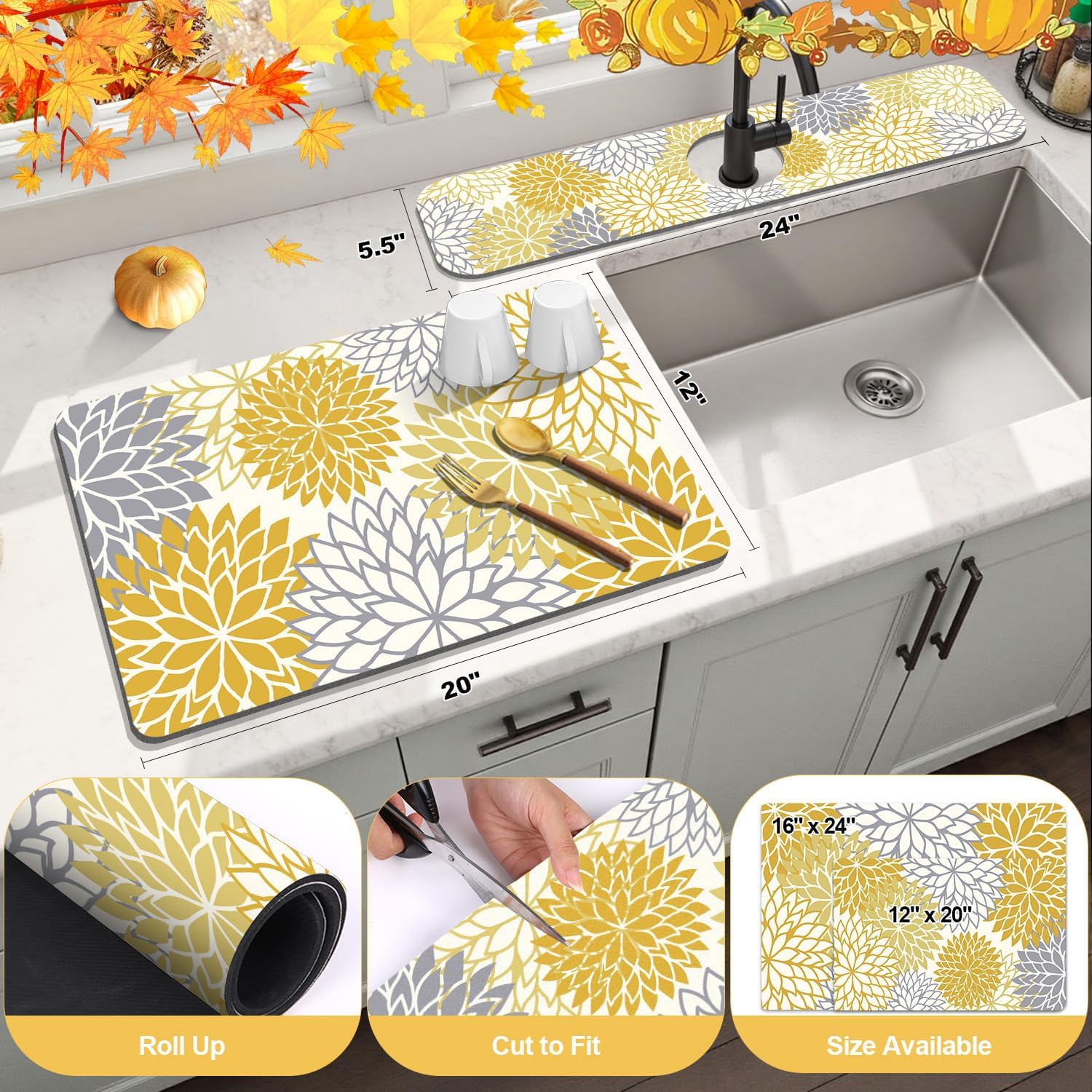 Findosom 2PCS 12" x 20" Fall Dish Drying Mat & 24" x 5.5" Sink Splash Guard, Super Absorbent & Cuttable Dish Mat Drying Kitchen Mat with Yellow Floral, Hide Stain Drying Mat for Kitchen Counter