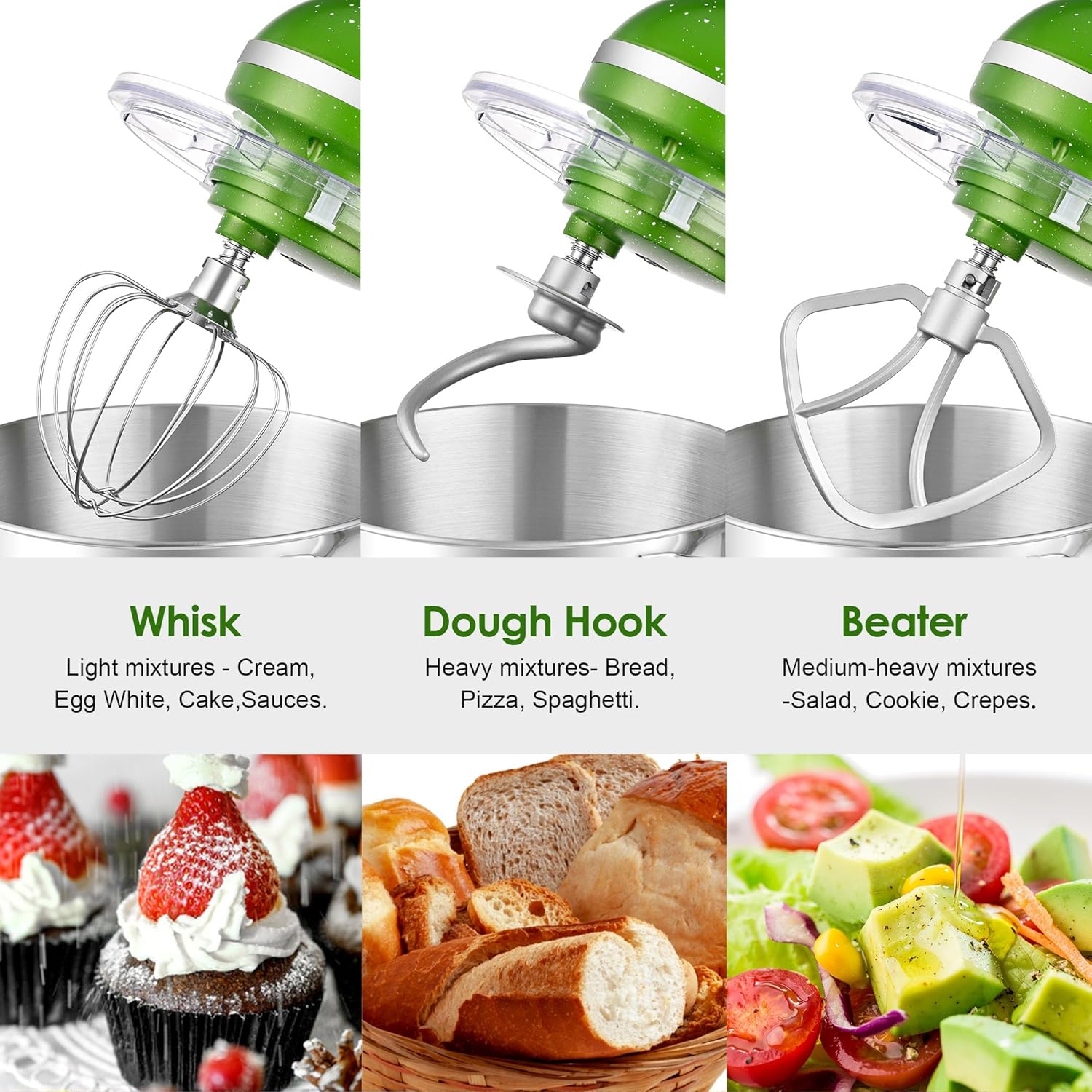 Aucma Stand Mixer,6.5QT 660W 6-Speed Tilt-Head Food Mixer, Kitchen Electric Mixer with Dough Hook, Wire Whip & Beater (Green-White, 6.5QT)