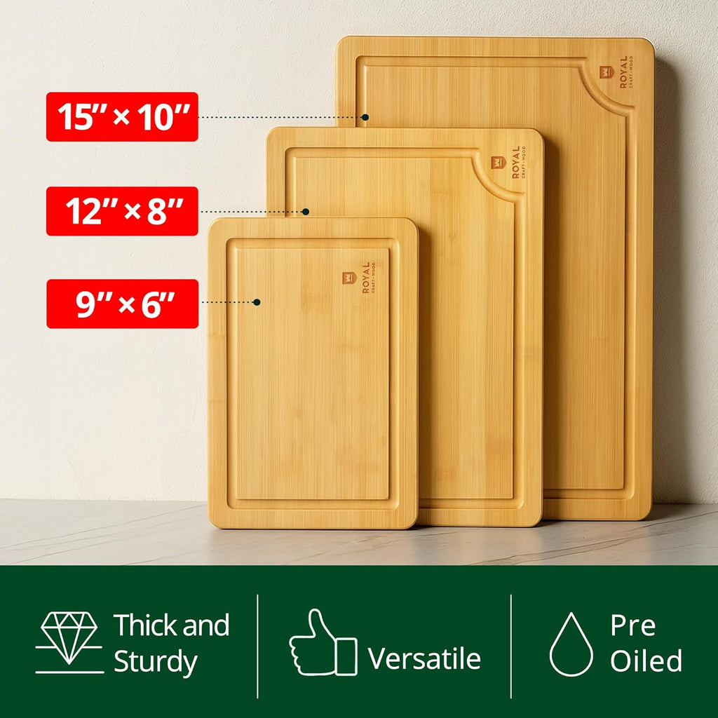 Wooden Cutting Boards for Kitchen Meal Prep & Serving - Bamboo Wood Cutting Board Set - Charcuterie & Chopping Butcher Block for Meat - Kitchen Gadgets Gift