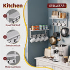 Coat Rack with Shelf Wall Mount, Entryway Bamboo Hanging Shelf, Set of 2, Wall Hook Rail for Hallway Décor, Storage Clothe, Hat, Robe, Key, Dog Leash (White+Black)