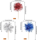 30 PCS Foil Firework Cupcake Toppers Sparkle Tinsel Cupcakae Picks 4th of July Decorations Cocktail Fruit Toothpick for Fireworks Theme Birthday Wedding Graduation Party Decor Supplies Blue Red Silver