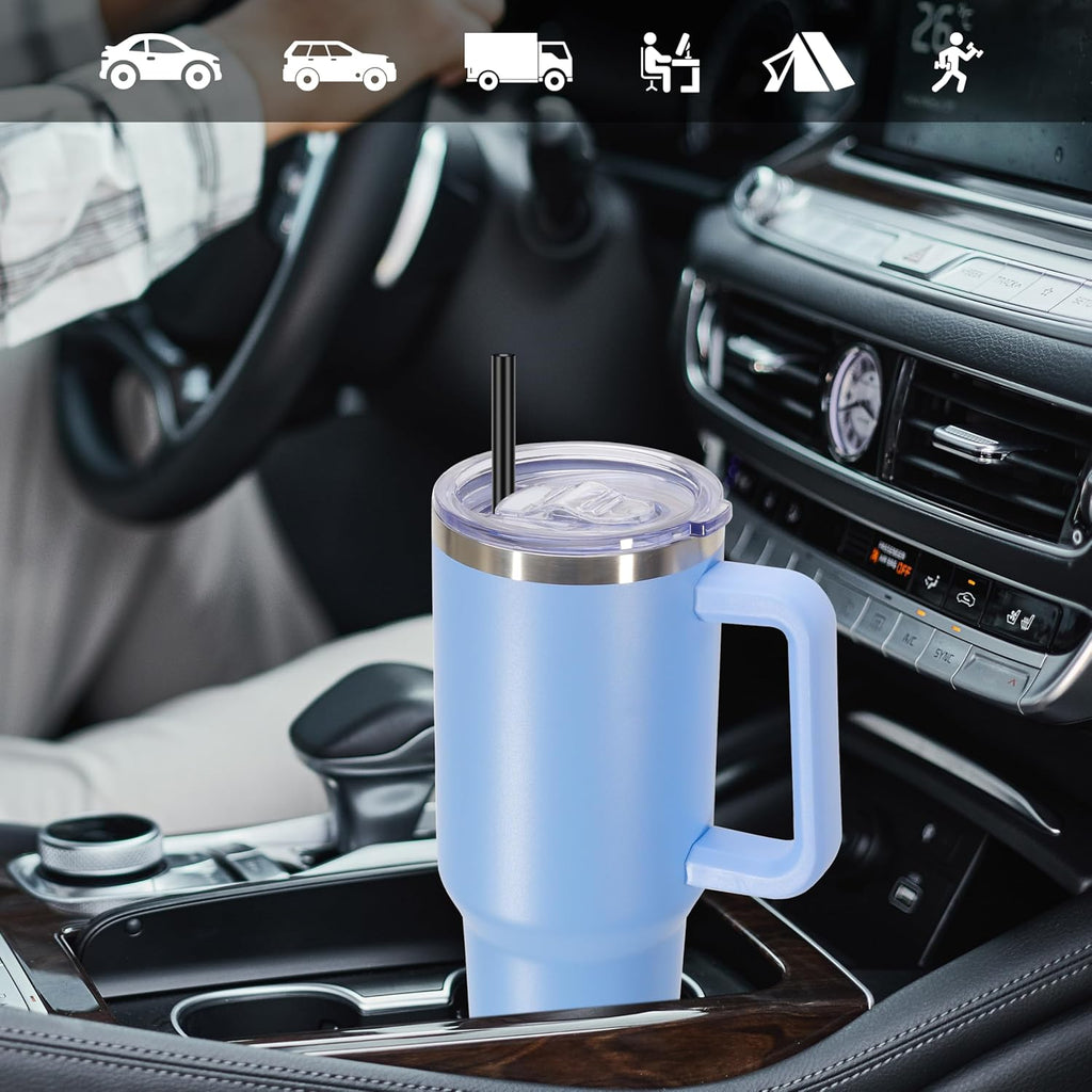 DOMICARE 40 oz Tumbler with Handle and Straw, Stainless Steel Tumbler with Lid and Straw, Reusable Vacuum Insulated Cup, Travel Coffee Mug, Blue, 1Pack