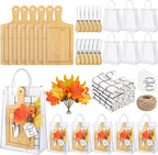 6 Sets Autumn Gifts Bridal Shower Favor 43 Pcs Wooden Square Cheese Board with Knives Forks Kitchen Towels Tags, Pre-Assembled Gifts for Fall Thanksgiving Party Supplies Winner Game Prizes