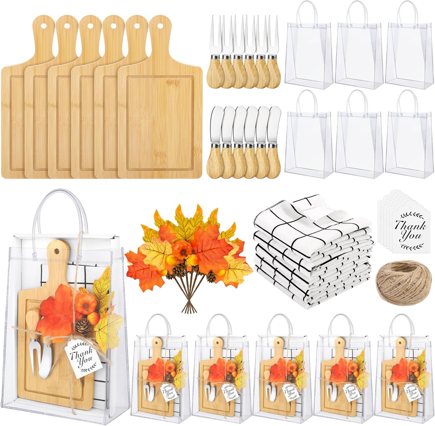 6 Sets Autumn Gifts Bridal Shower Favor 43 Pcs Wooden Square Cheese Board with Knives Forks Kitchen Towels Tags, Pre-Assembled Gifts for Fall Thanksgiving Party Supplies Winner Game Prizes
