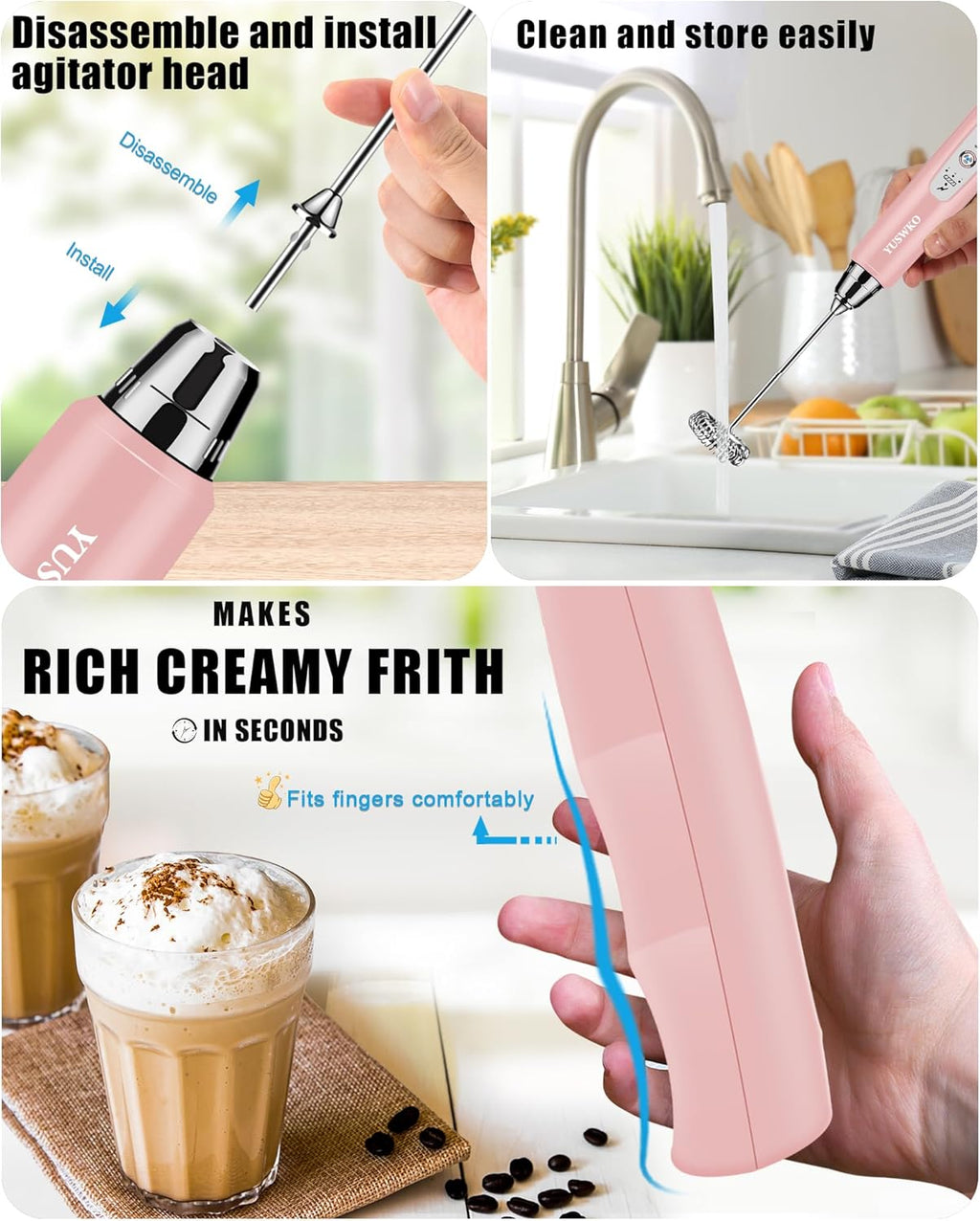 YUSWKO Rechargeable Milk Frother Handheld Frother Wand Drink Mixer for Coffee, Electric Whisk 3 Speed Adjustable, Coffee Foamer Maker with 3 Stainless Whisks Ideal Stirrers for Travel - Pink