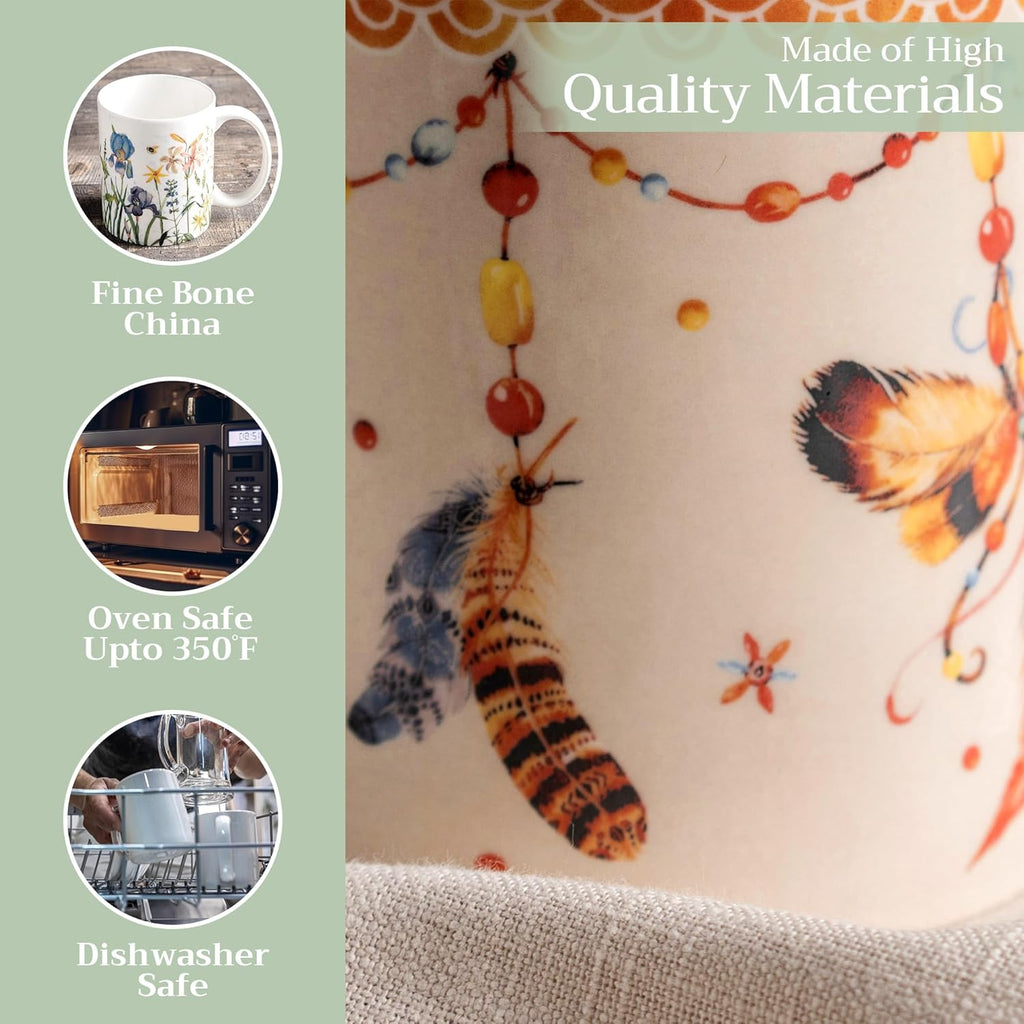 Maison d' Hermine Coffee Mug with Handles Fine Bone China Mugs Pack of One Tea Cups for Hot Beverages Cappuccino Latte Home Restaurant Office Perfect for Gift (Ibiza - Beige - Feather, 12 Ounce)