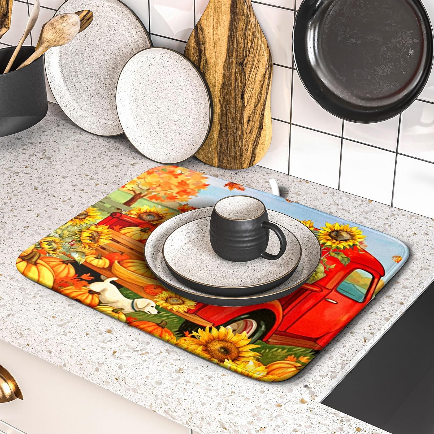 Autumn Pumpkin Red Truck Dish Drying Mat for Kitchen Counter,Fall Leaves Sunflower Cue Dog Harvest Drying Mat 16 x 18 Inch Microfiber Dish Drying Pad Dish Rack Drainer Mat for Coffee Bar
