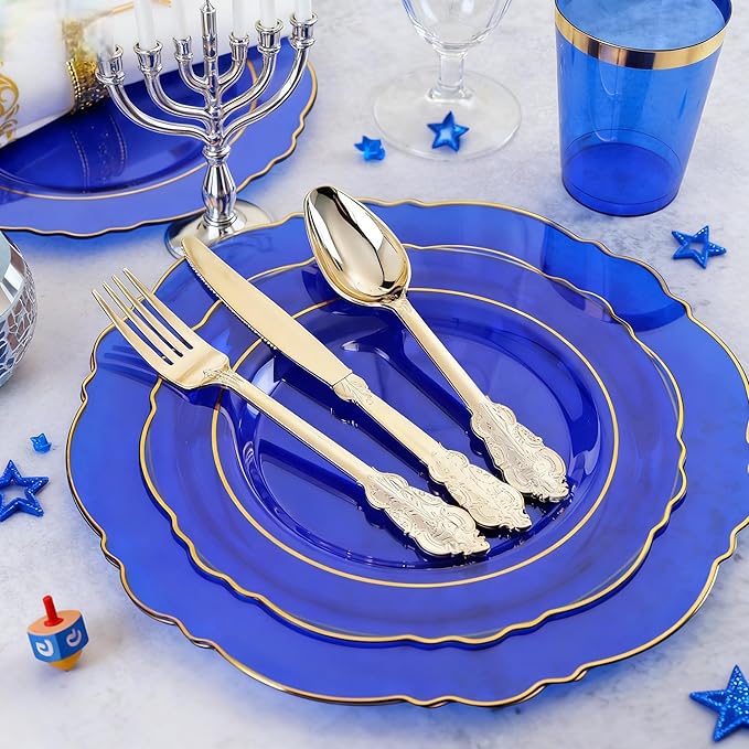 KIRE 210Pcs Blue Plastic Plates with Gold Rim& Disposable Plastic Silverware &Blue Cups&Hand Napkin- Baroque Clear Dinnerware for Hanukkah/Parties/Wedding