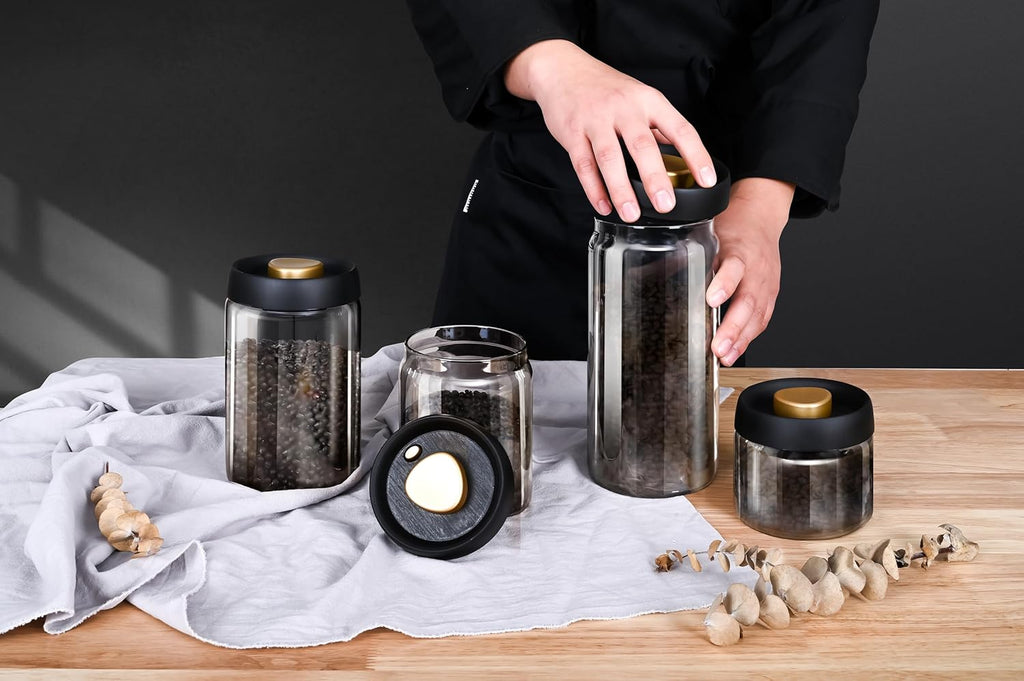LOEZ Coffee Bean Storage Container Airtight, Lid Sealed with Press-Down Vacuum, Borosilicate Glass Coffee Canister, Food Storage, Coffee Bar for Ground Coffee, Tea, Beans, Spices (Extra Large - Gray)