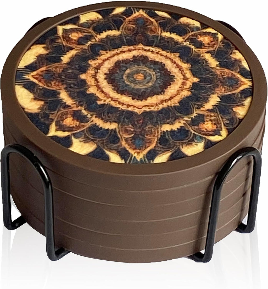 Absorbent Coasters for Drinks with Holder - 6packs, Silicone Coaster with Soft Felt Insert (4.3 inch Coasters with 4.5 inch Holder, Dual-Sided Mandala -Themed Patterns)