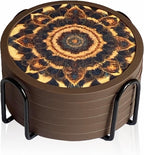 Absorbent Coasters for Drinks with Holder - 6packs, Silicone Coaster with Soft Felt Insert (4.3 inch Coasters with 4.5 inch Holder, Dual-Sided Mandala -Themed Patterns)