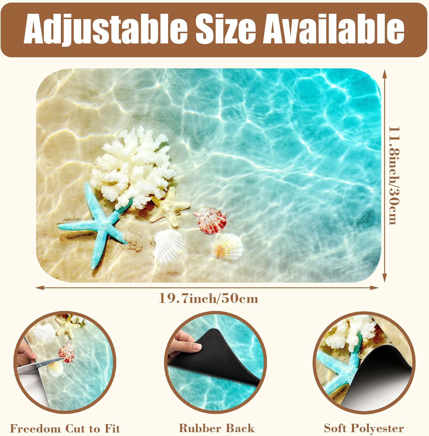 Starfish and Seashell Coffee Mat Beach Dish Drying Mat for Kitchen Counter Hide Stain Rubber Backed Absorbent Coffee Bar Accessories Fit Under Coffee Maker Coffee Pot Espresso Machine 11.8 x 19.7 Inch