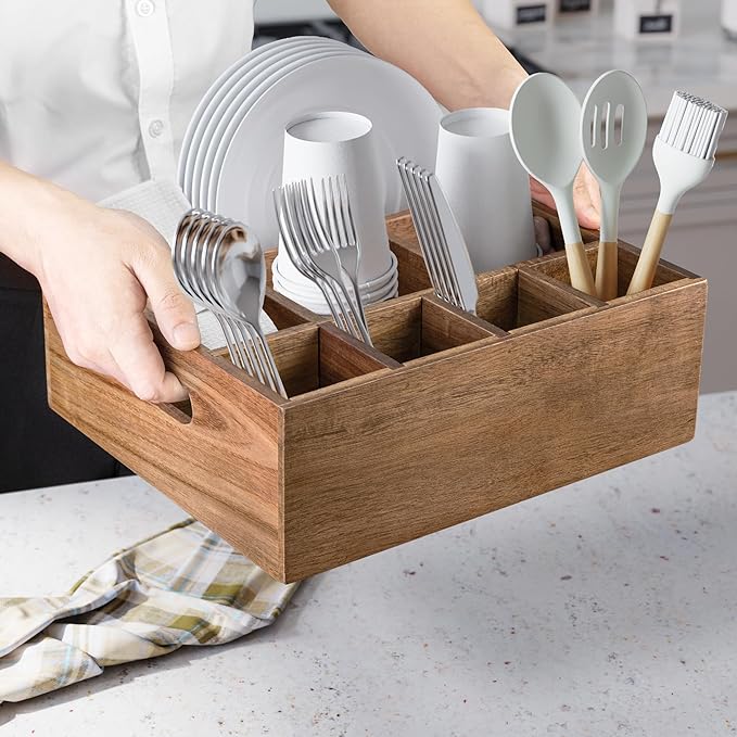 VaeFae Acacia Wood Caddy Organizer, Napkin and Paper Plate Holder, Wooden Utensil Holder, Silverware Caddy for Kitchen, Camping, Party