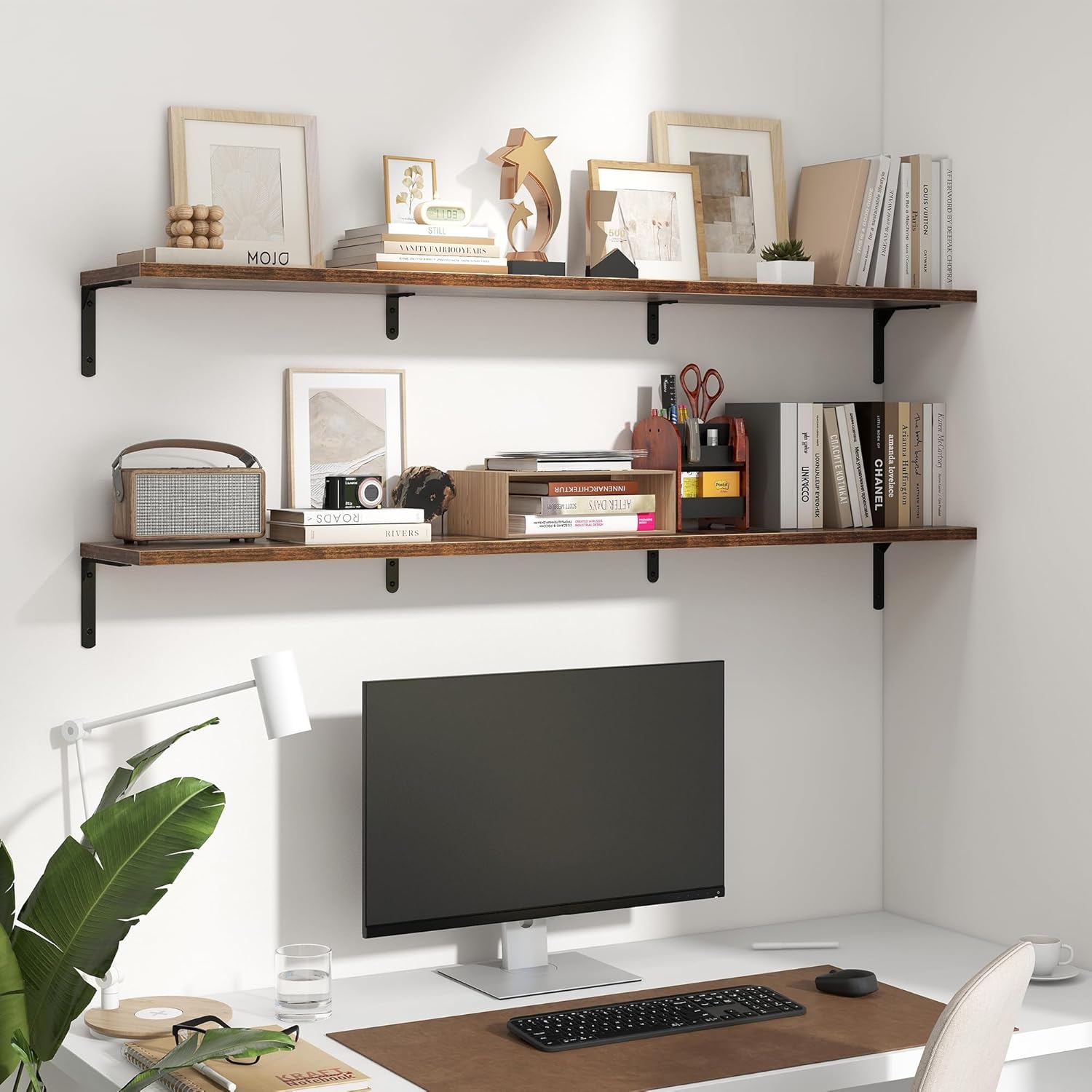 Fun Memories Deep Floating Shelves, 55W x 8D Floating Shelves Set of 2, Wall Mounted Shelf with Metal Brackets, Rustic Wood Wall Shelf for Bathroom, Kitchen and Living Room, Rustic Brown