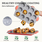 BRONYPRO Ceramic Muffin Pan, 12-Cup Nonstick Aluminized Steel Cupcake Pans, Healthy Non-Toxic Ceramic Coating Muffin tin, 2 Pack Cup Cake Pans for Baking Coral
