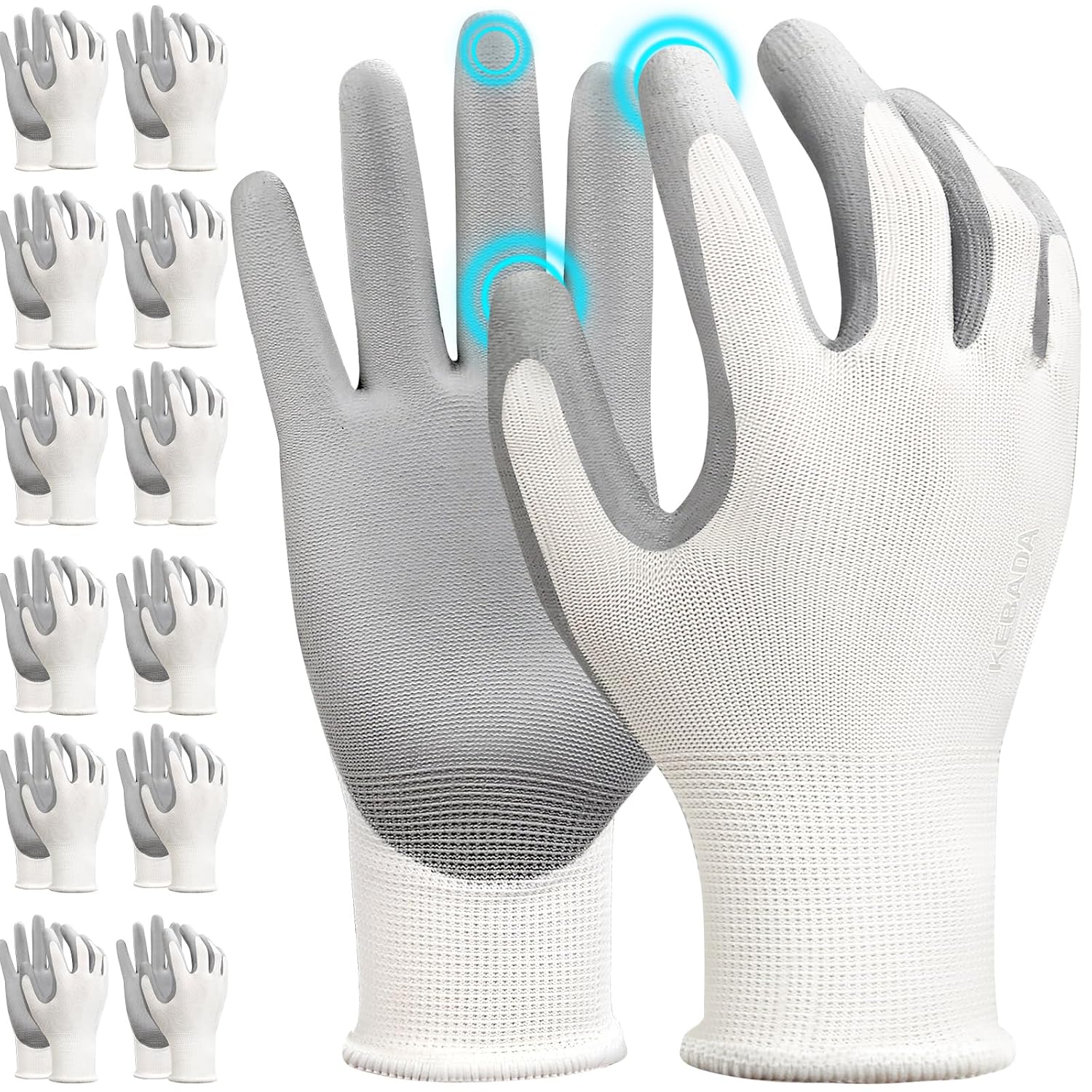 Kebada W1 Work Gloves for Men and Women, 12 Pairs Touchscreen Safety Gloves with Grip, PU-Coated, Ideal for Light & Medium Duty Tasks, White, X-Large