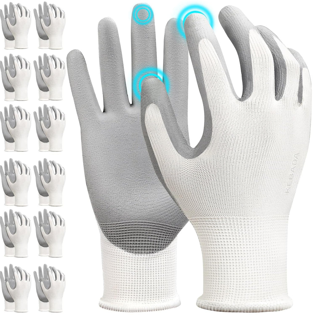 Kebada W1 Work Gloves for Men and Women, 12 Pairs Touchscreen Safety Gloves with Grip, PU-Coated, Ideal for Light & Medium Duty Tasks, White, Medium