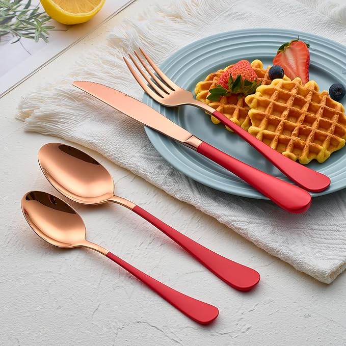 20-Pieces Rose Gold and Red Silverware Sets for 4,Red Handle Stainless Steel Cutlery Set, Include Forks Spoons and Knives Set, Dishwasher Safe Utensil Sets for Home Restaurant