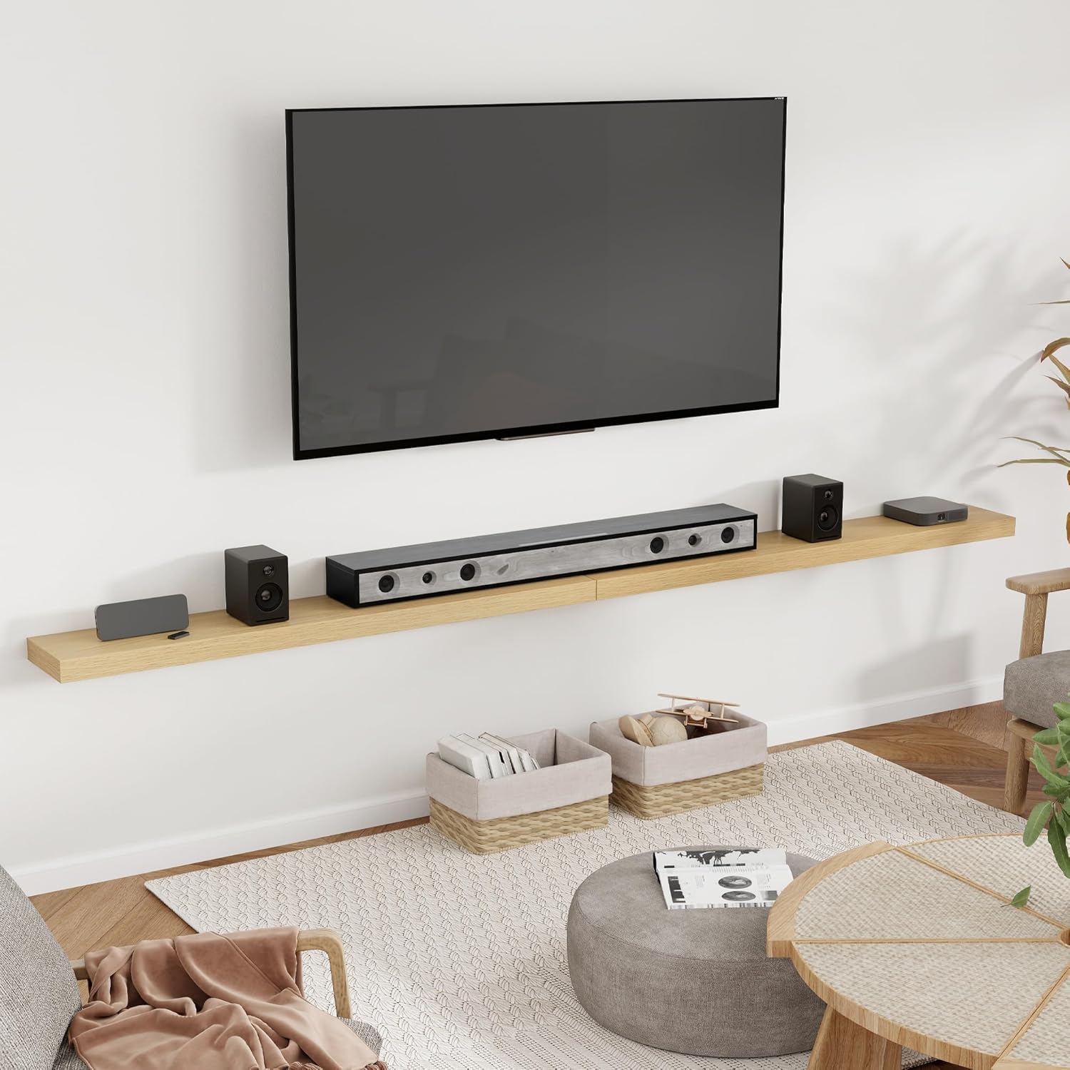 Heimlove 55 Inch Floating Shelves for Wall 8 Inch Deep Oak Shelves Set of 2,Wall Mounted Rustic Wood Long Floating Shelf，Large Extra Display & Storage Shelf with Invisible Brackets