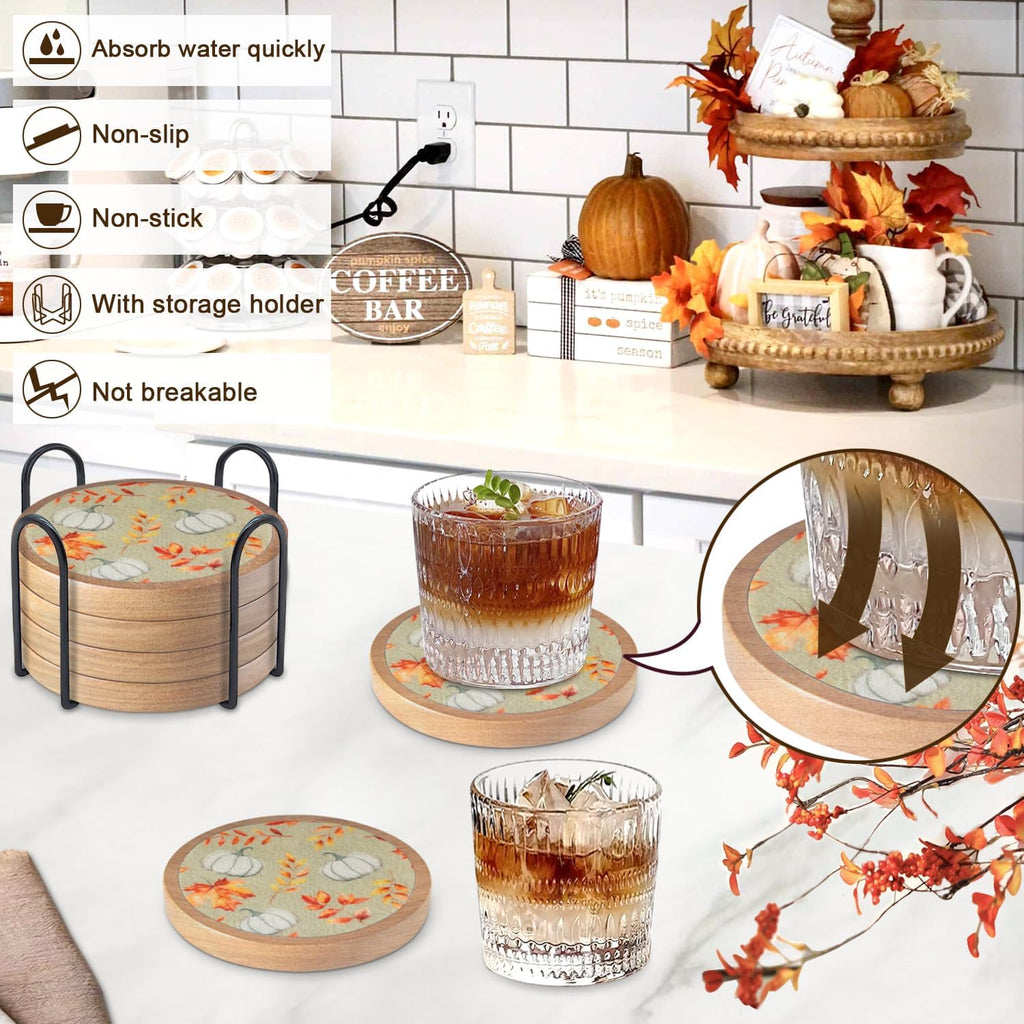 Pumpkins Coaster Set of 6 Cewiru Halloween Coasters for Drinks Absorbent Cup Mats for Table Protection Unique Fall Round Coasters for Coffee Table Kitchen Decor 4.3"