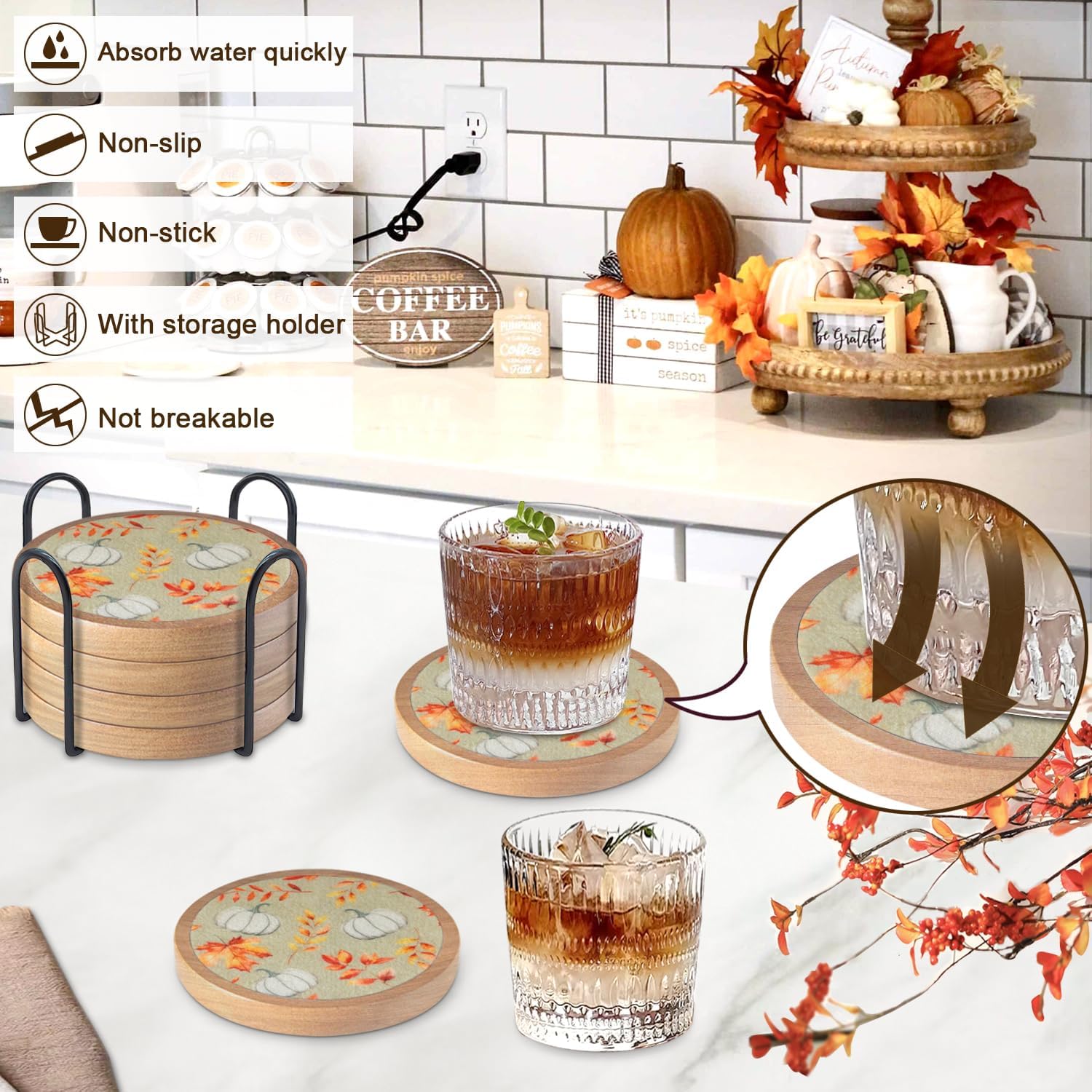 Pumpkins Coaster Set of 6 Cewiru Halloween Coasters for Drinks Absorbent Cup Mats for Table Protection Unique Fall Round Coasters for Coffee Table Kitchen Decor 4.3"