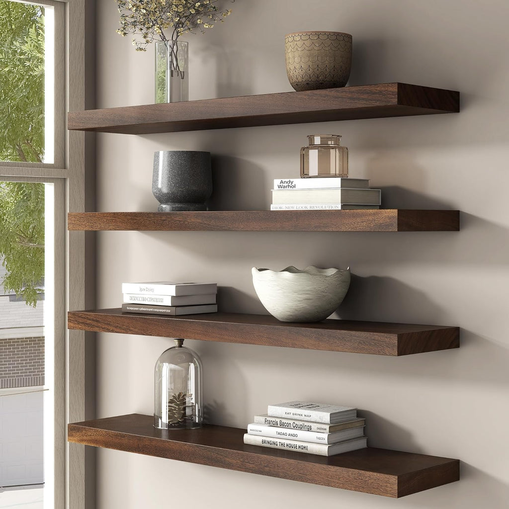 Floating Shelves for Wall, USA-Sourced Walnut Wood 36 Inch Long Wall Shelves Set of 2, Natural Wooden Wall Mounted Picture Ledge Shelf, Nursery Book Storage Shelf Kids Bookshelf, Display Shelf