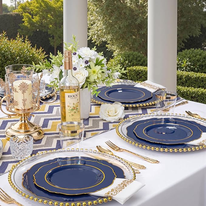 KIRE 210Pcs Navy Blue Plastic Plates - Blue Plates Disposable - 30guest Baroque Plastic Dinnerware for Hanukkah/Upscale Wedding/Parties