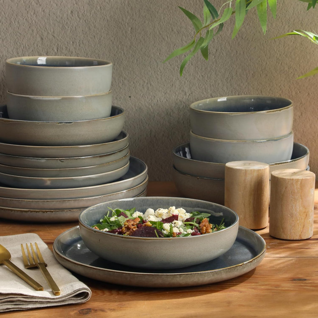 Gibson Elite Sunveil 16 Piece (Service for 4) Plates and Bowls Reactive Glaze Round Dishes Stoneware Ceramic Dinnerware Set -Blue