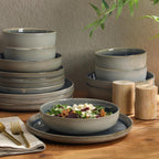 Gibson Elite Sunveil 16 Piece (Service for 4) Plates and Bowls Reactive Glaze Round Dishes Stoneware Ceramic Dinnerware Set -Blue