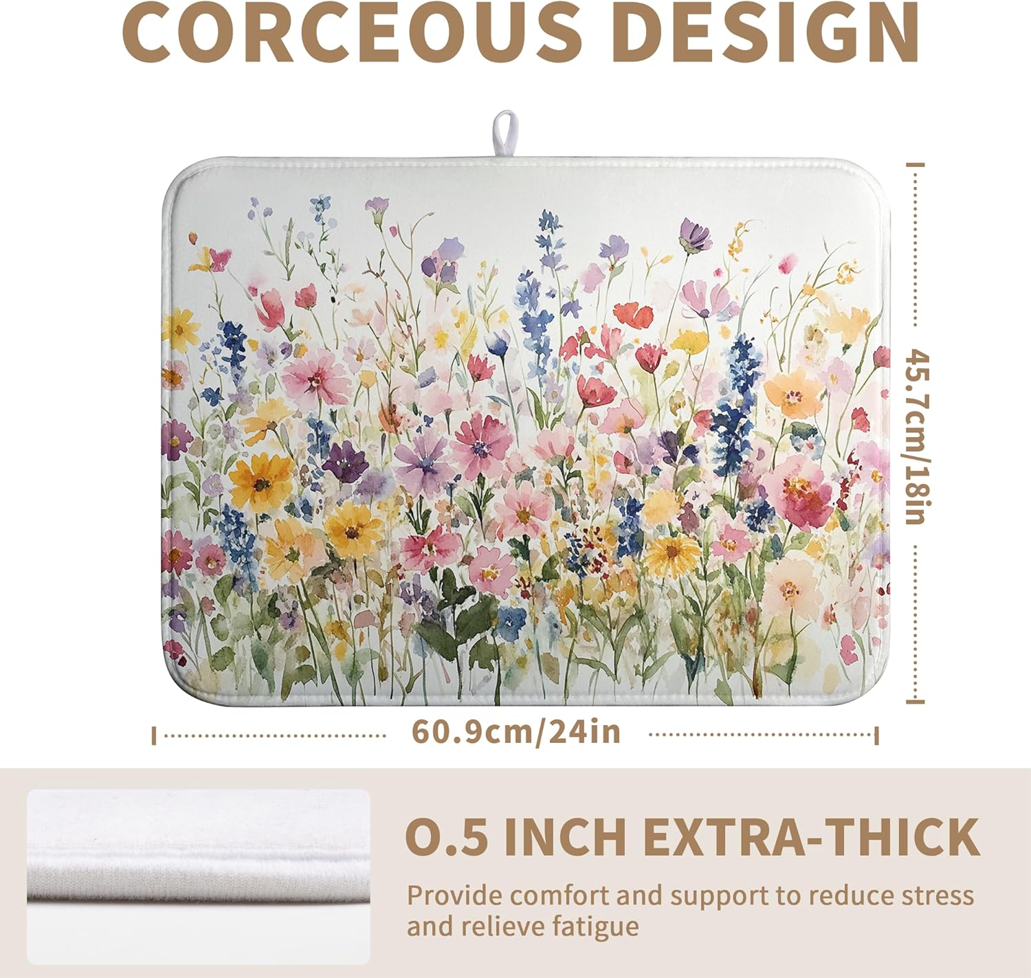 Spring Floral Dish Drying Mat for Kitchen Counter Summer Colorful Flower Kitchen Dishes Dryer Pad Absorbent Matt Microfiber Washable Foldable Reusable Large 18x24 in