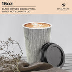 [340 SET]Harvest Pack 16 oz Disposable Coffee Cups, Insulated Ripple Double-Walled Paper Cups with Lids, Black and White Geometric, Bulk Drinking Cups for Tea Hot Chocolate Drinks To go coffee cups