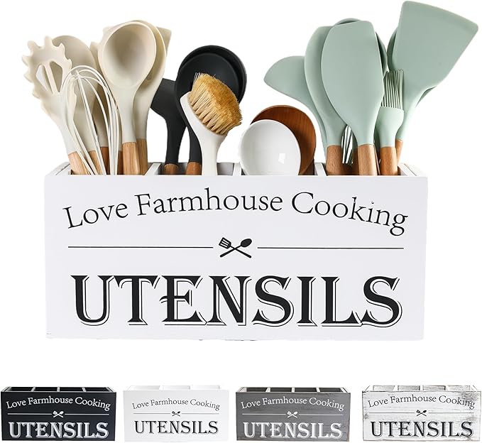 Kitchen Utensil Holder,Farmhouse Wooden Utensil Holder For Kitchen Counter,Extra Large Cooking Spatula Organizer,Big Storage With 4 Compartments Flatware Spoon Tool Cutlery（White）
