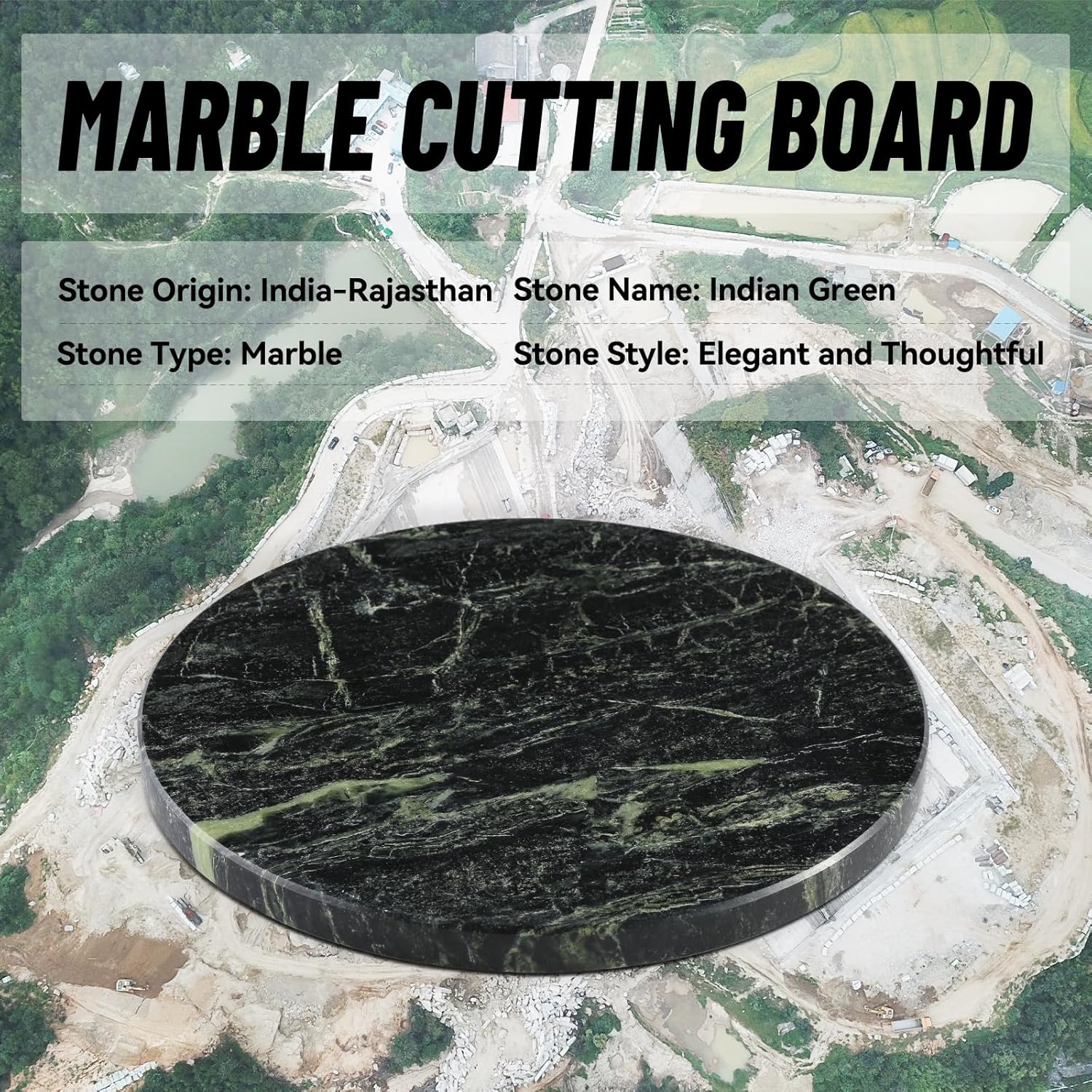 Koville Indian Natural Marble Cutting Board for Kitchen, 11inch Round Hand Crafted Marble Slab for Cheese, Charcuterie, Pastry Board - Wedding Gift, House Warming Gift(Indian Green)