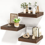 Square Floating Shelves for Wall, 12" W x 12" D x 1.2" H, Small Wooden Wall Mounted Display Shelves with Invisible Brackets for Living Room, Bedroom, Bathroom, Kitchen Decor, Set of 3, Walnut