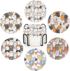 Drink Coasters Set of 6 with Holder, Cute Cats Absorbent Ceramic Coasters with Cork Base,Fit All Cups,Great Gift for Housewarming,Room Decor,Bar,Holiday Party