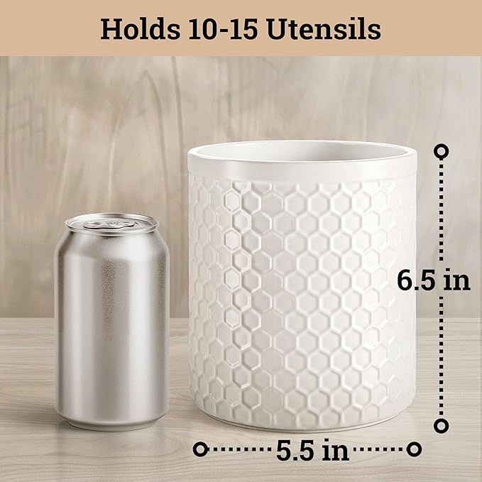 Ceramic Utensil Holder for Kitchen Counter with Anti-Slip Base - 5.5" Round x 6.5" Tall Kitchen Utensil Holder for Countertop - Holds up to 15 Pieces - Cooking Utensils Container - Vase for Utensils