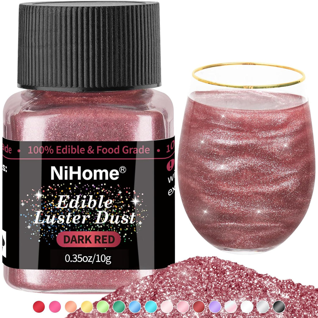 NiHome Edible Food-Grade Glitter Powder Glimmer Luster Dust Metallic Fancy Food Decorating Sprinkle Glimmery Dust for Drink Wine Beverage Cake Bakery Vegan Allergen-Free (Dark Red, 0.35oz/10g)