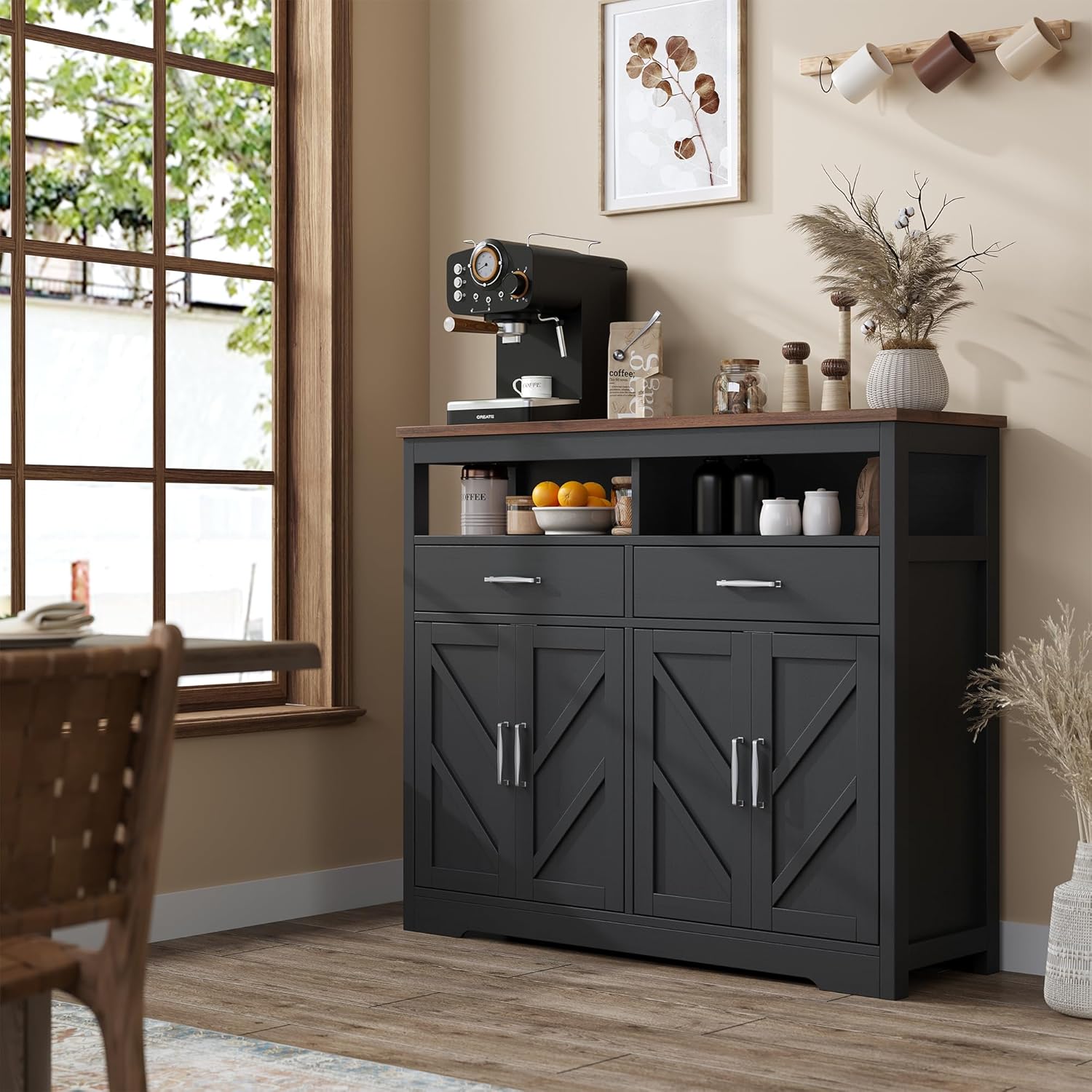 Buffet Sideboard with Storage Farmhouse with 4 Doors, 47'' Large Kitchen Storage Cabinet Wood Coffee Bar Cabinet Buffet Table with Shelves for Kitchen, Dining Room, Entryway