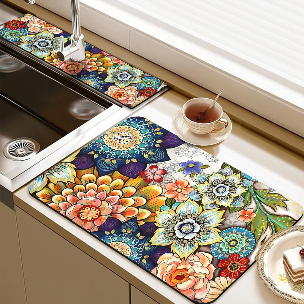 19.5" x 12" Dish Drying Mat & 24" x 5.5" Sink Splash Guard, Super Absorbent Drainer Rack Mat for Kitchen Counter Coffee Bar