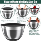 Mixing Bowls with Airtight Lids Set, 4 Stainless Steel Bowls Nesting Bowls & Colander, Kitchen Organizers and Storage Non-Slip Bottom, Size 1.5/2.0/2.5/4.5QT, Great for Mixing & Serving, Black