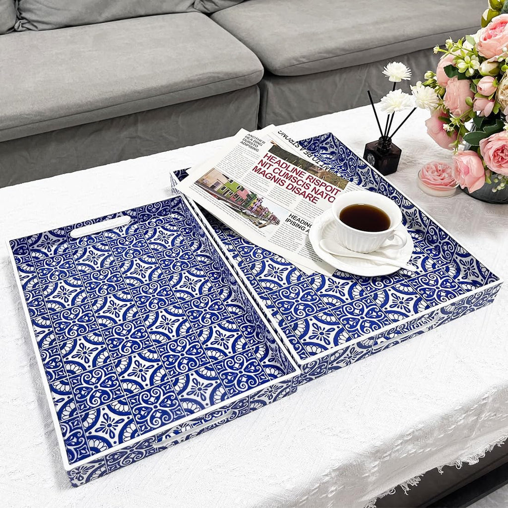 2 Pack Serving Tray with Handles, Rectangular Decorative Trays for Coffee Table, Modern Blue Plastic Ottoman Tray for Living Room, Bathroom, Kitchen, Decor, (Boho Blue)