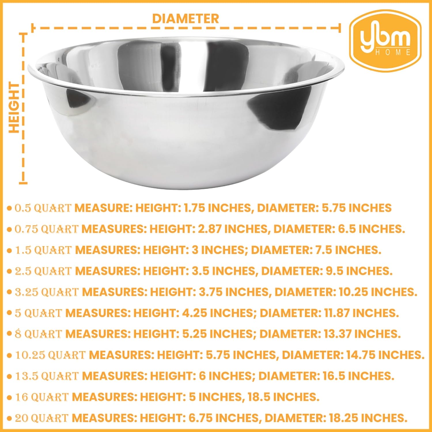 YBM HOME Pack of 1 Stainless Steel Mixing Bowl - Premium Polished Mirror Nesting Metal Bowl for Cooking and Serving, Stackable for Convenient Storage (8 Quart)