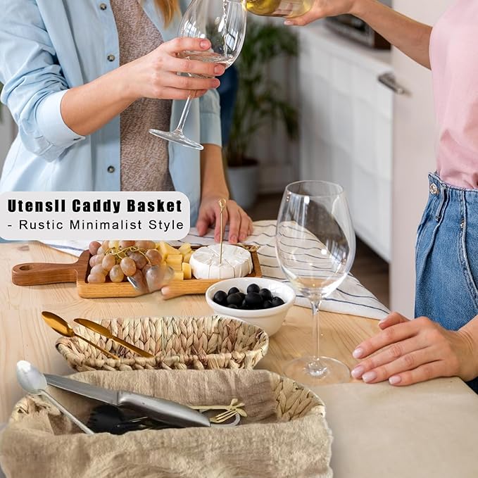 Set of 2 Small Wicker Baskets for Flatware Organizer, Silverware Caddy Utensil Caddy Basket, Bread Baskets Cutlery Holder for Party